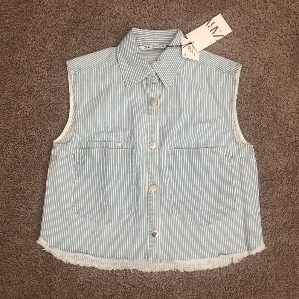 Zara Blue White Striped Sleeveless Denim Vest
